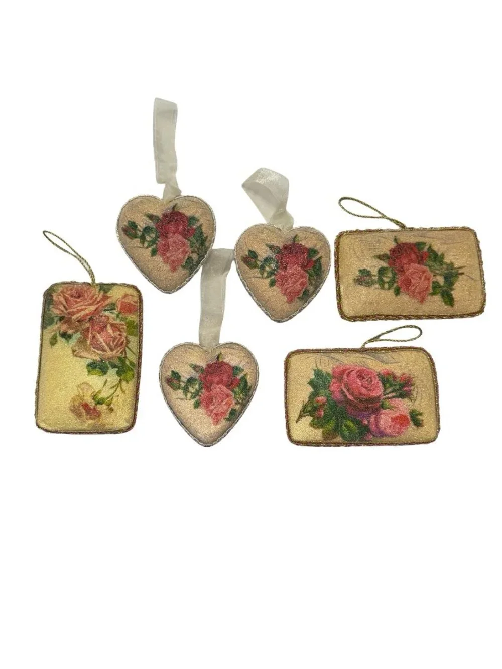 Vintage Papier Mache Rose Christmas Ornaments Set of 6 Victorian Postcard Hearts